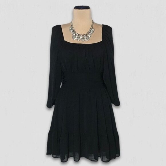 NWOT Exlura Black A-Line Cocktail Dress Lantern Sleeves cut out back bow sz L - Picture 2 of 11